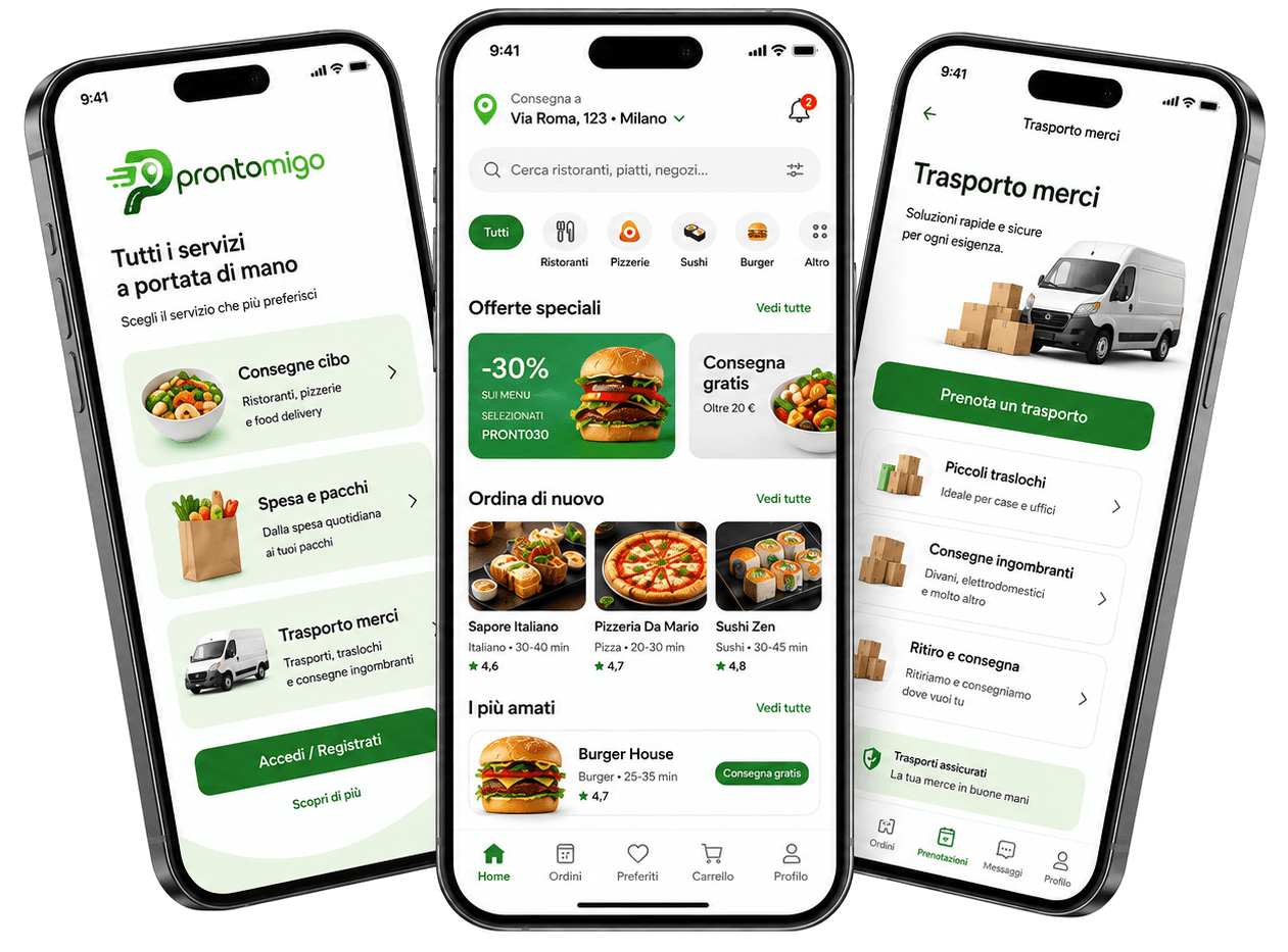 ProntoMigo app screens for food delivery, grocery ordering and goods transport on three smartphones
